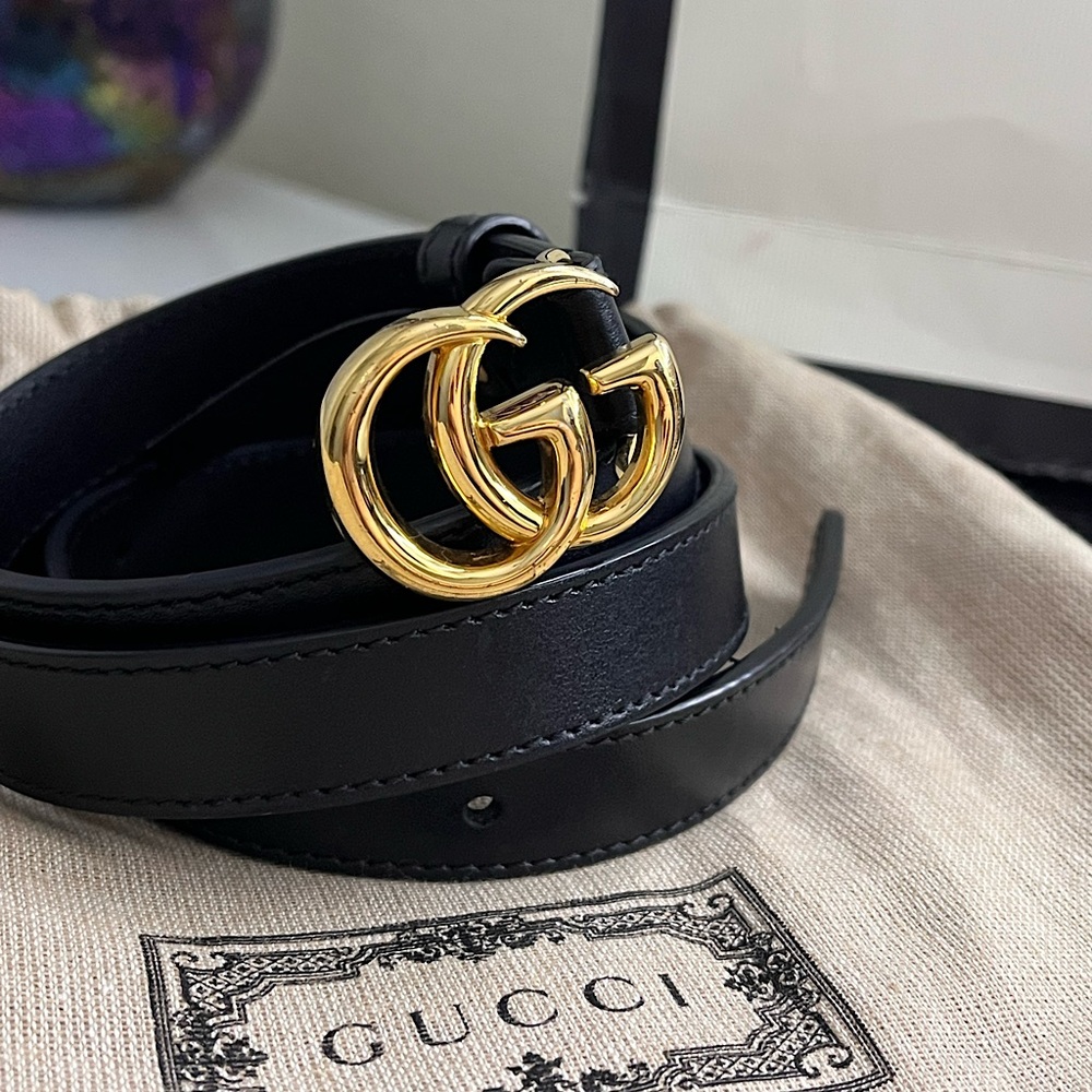 Gucci Black Leather Belt with Gold Double G Buckle
